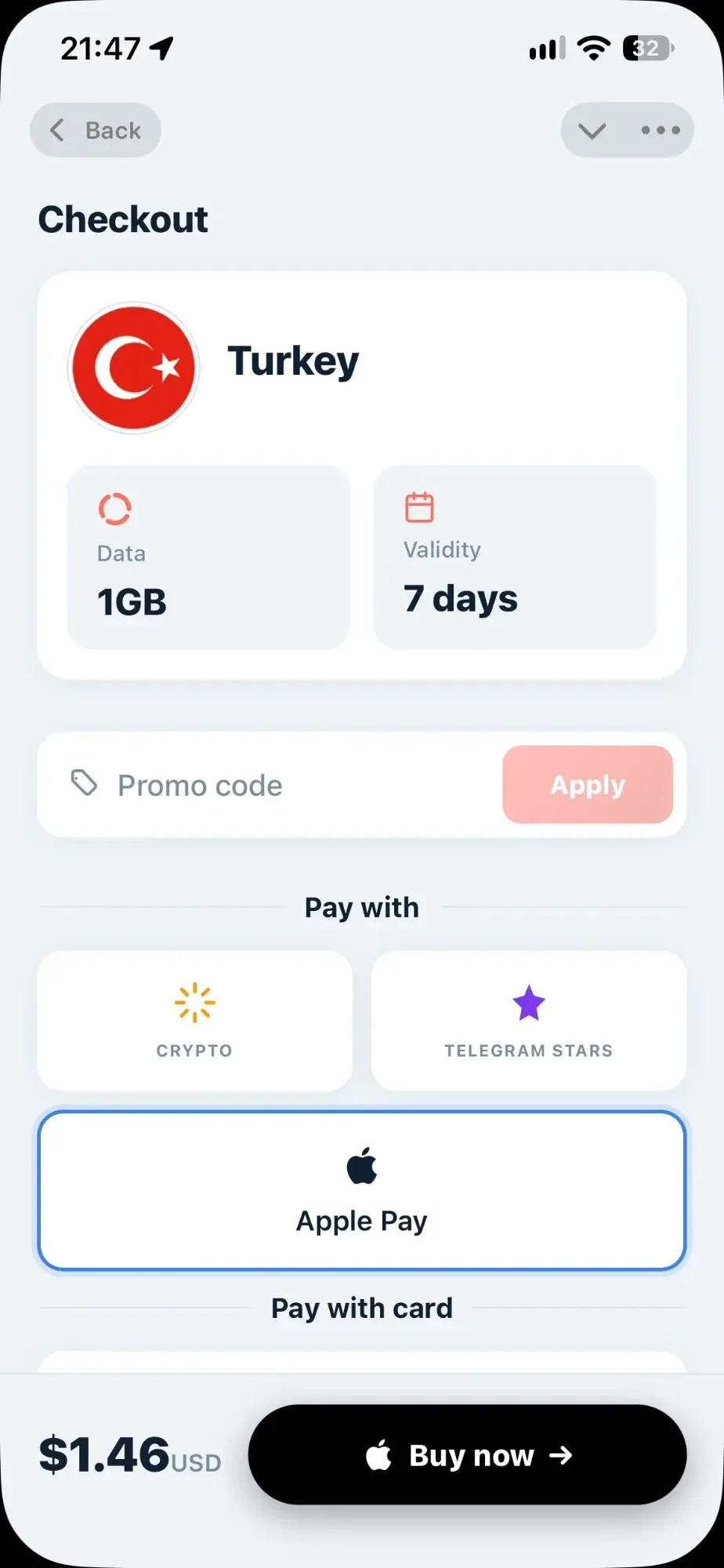 Yovio checkout for a Turkey 1GB, 7-day plan