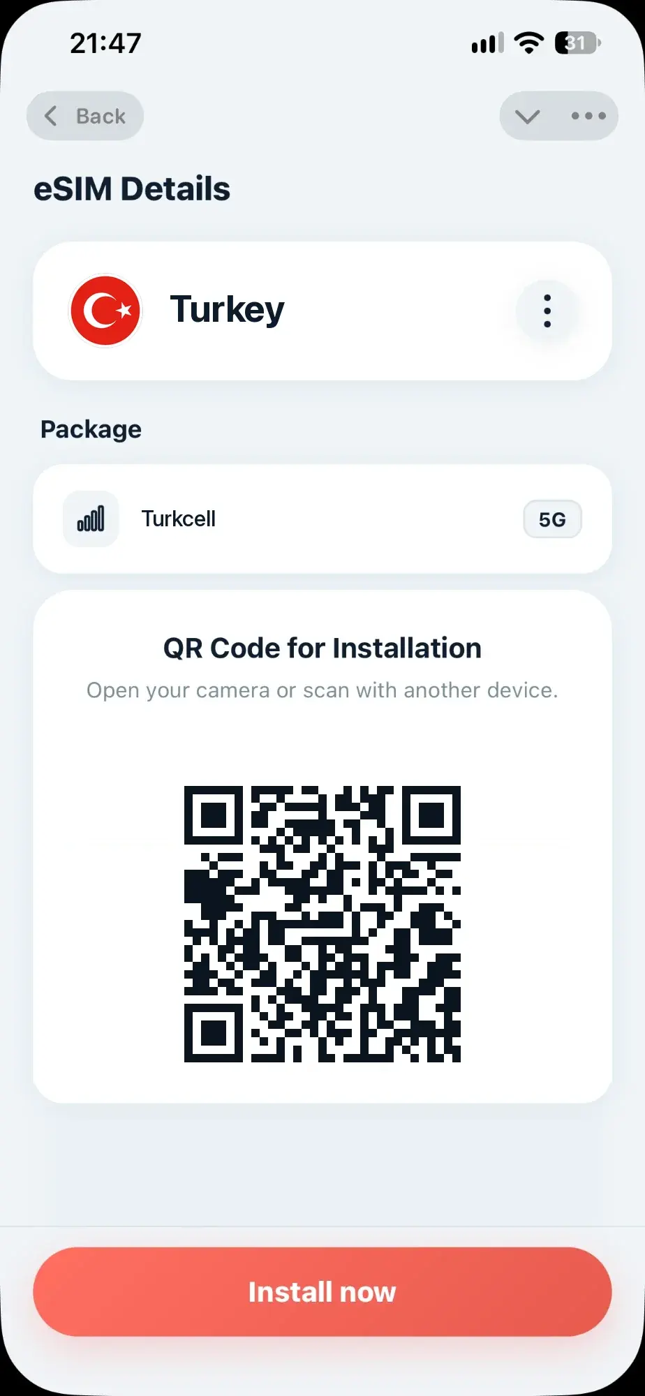 eSIM details for Turkey with Turkcell 5G and an install QR code