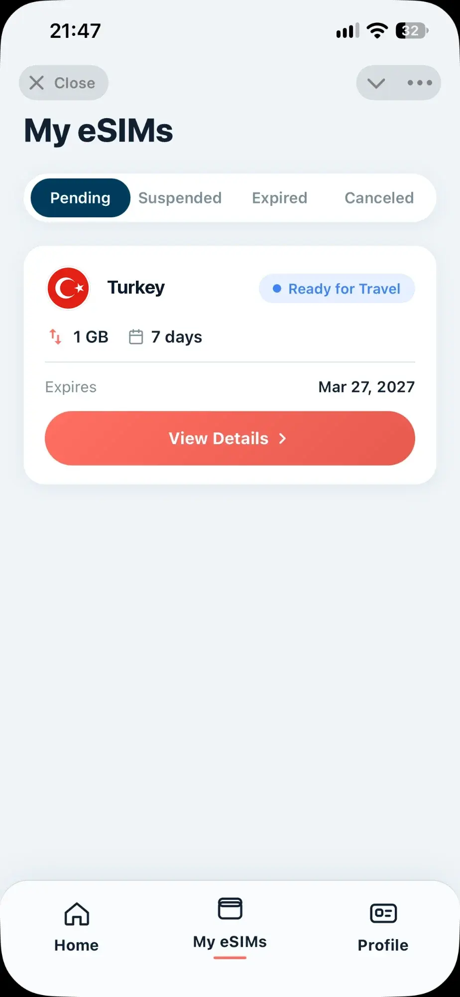 My eSIMs in Yovio: a Turkey 1GB, 7-day plan ready for travel