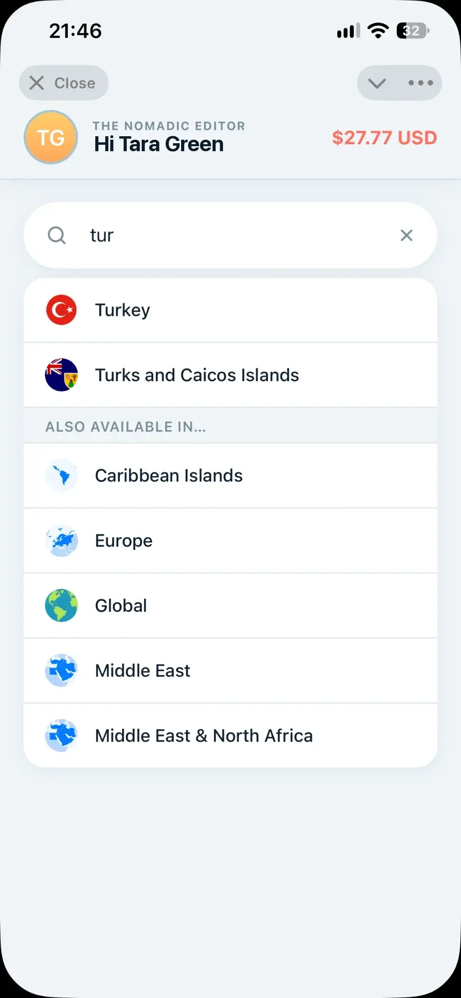Searching “tur” in Yovio shows Turkey and regional plans