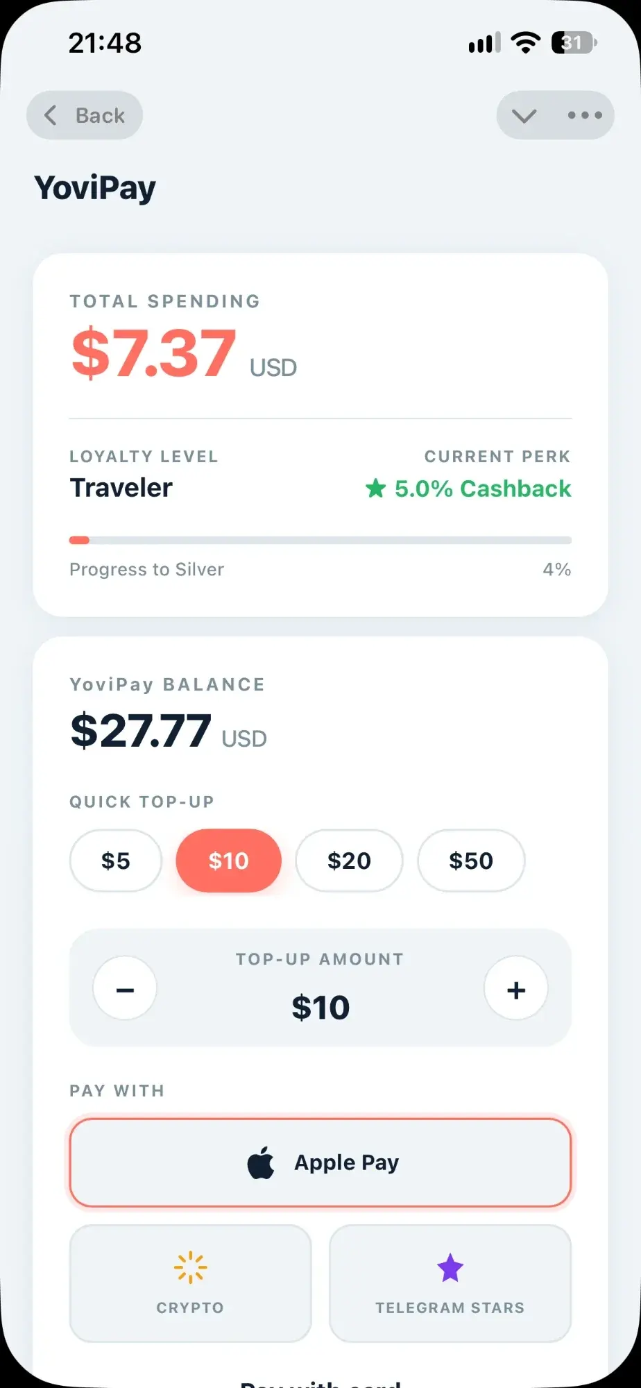 YoviPay balance with loyalty level and quick top-up